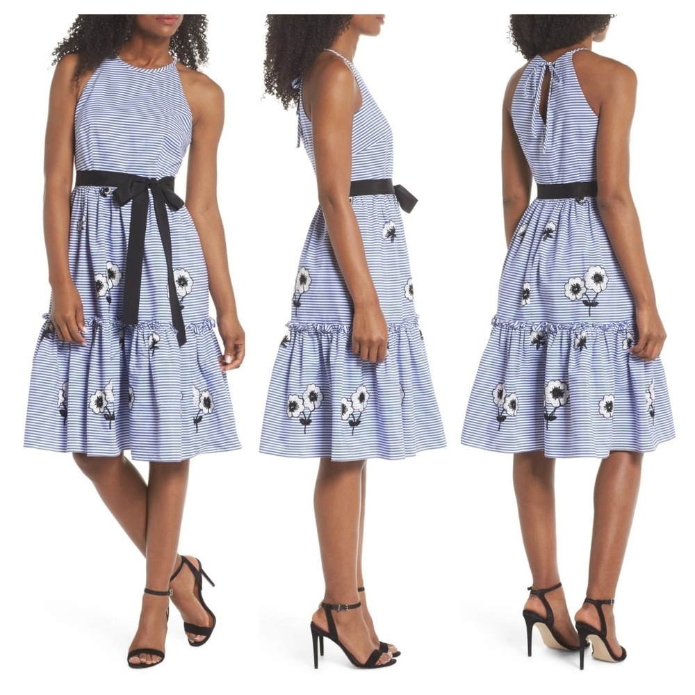 Eliza J. Embroidered Stripe and Flower Fit & Flare Tier Dress 8